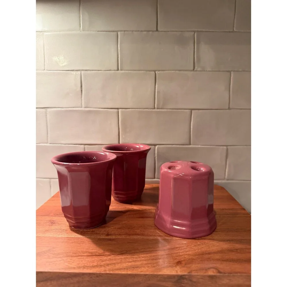 Vintage Pfaltzgraff Yorktowne Burgundy Ceramic Tumblers and Toothbrush Holder